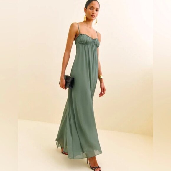 NEW Reformation Cebba Elegant Maxi Dress Green Moss | size 0 - Picture 1 of 15